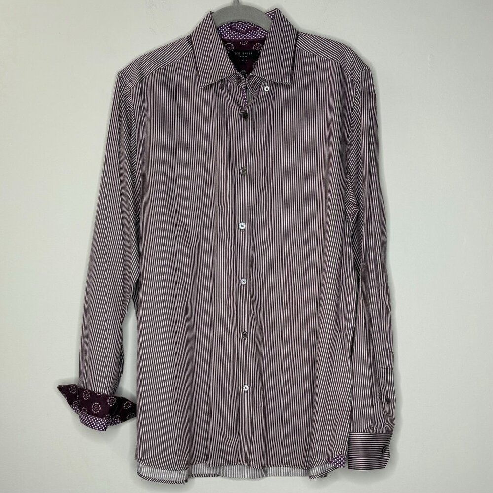 Ted Baker Vertical Stripe Button Down Shirt (Size L) Maroon Contrast Sleeve